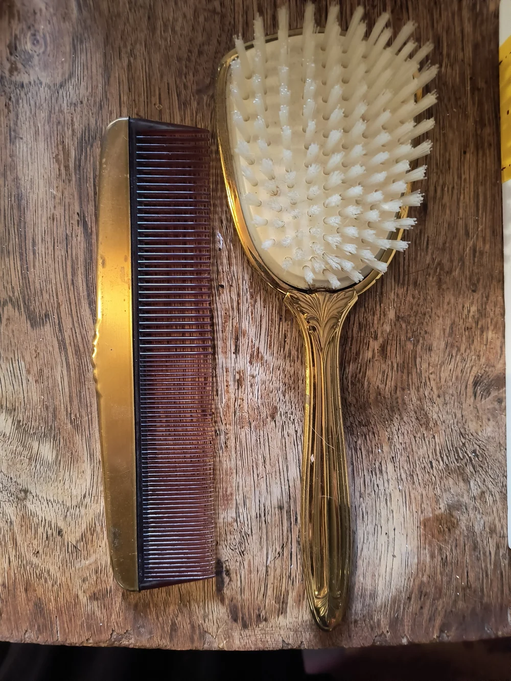 Gold Hair Brush with Cream Bristles and Matching Gold Comb